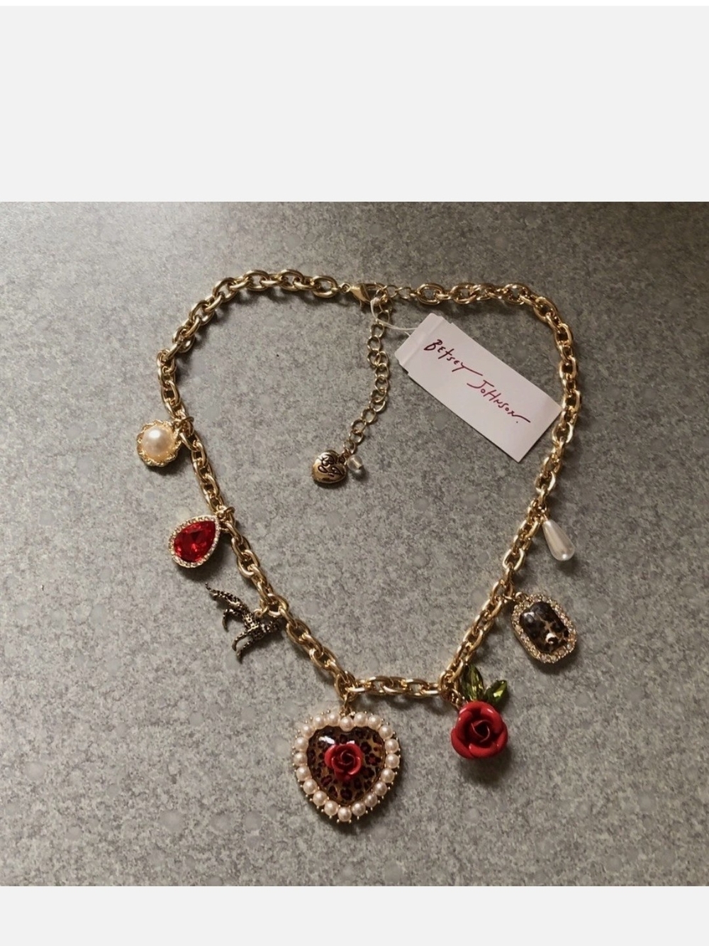 Betsey Johnson Leopard, Heart with Red Rose & Pearl Charms Necklace HL